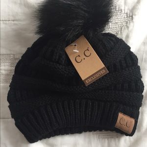 C.C knit beanie fur pom black winter hat